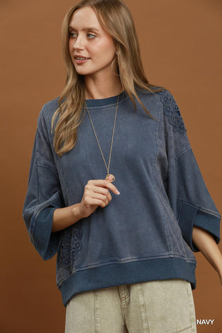 Navy Mineral Wash Lace Patch Pullover