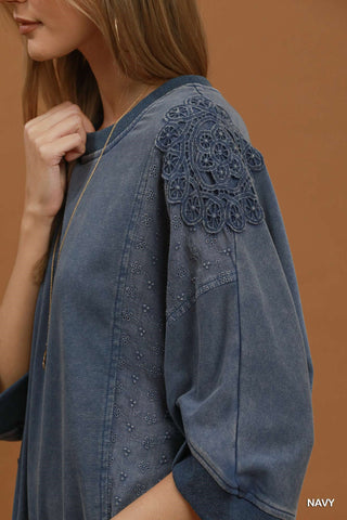 Navy Mineral Wash Lace Patch Pullover