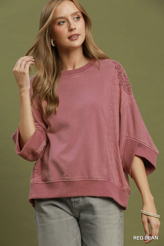 Red Mineral Wash Lace Patch Pullover