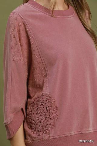 Red Mineral Wash Lace Patch Pullover