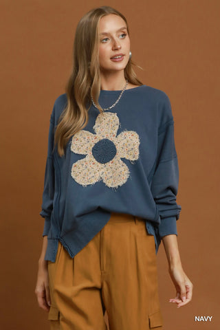 Navy Floral Patchwork Oversized Sweatshirt