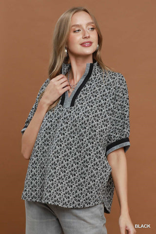 Black Geo Print Split Neck Blouse