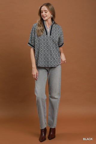 Black Geo Print Split Neck Blouse