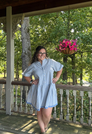 Blue Gingham Button Front Ric Rac Trim Dress