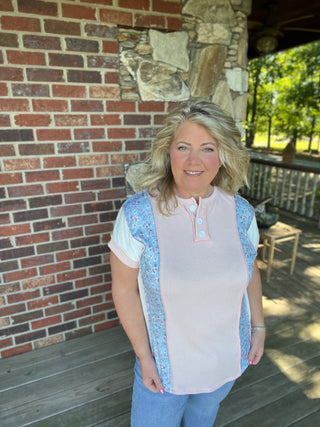 Rose Floral Mixed Print Henley Top