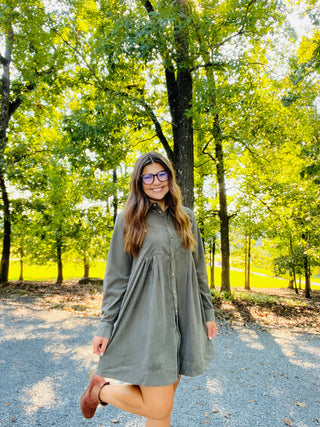 Olive Corduroy Mini Shirt Dress