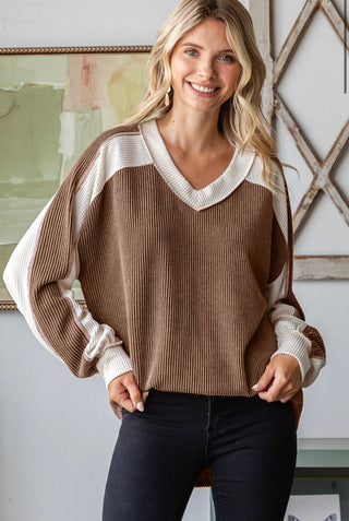 Chestnut Ribbed Color Block Top