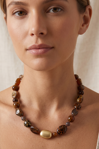 Leopard Print / Marble Resin & Matte Gold Pebble Necklace: Brown