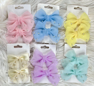 Mini Baby Blue Pearl Bow Clips