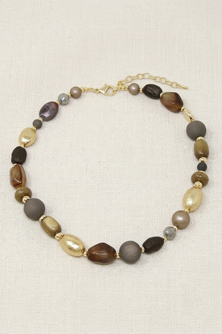 Earthy Resin & Metal Pebble Beaded Statement Necklace: Brown