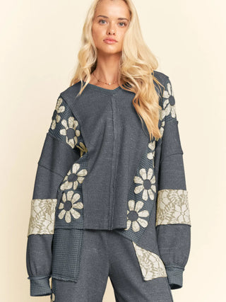 Slate Blue Heavy Waffle Knit Lace Flower Sweatshirt Top