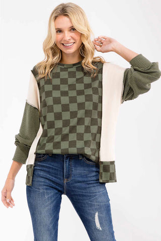 Olive Checkered Print Long Sleeve Pullover Top