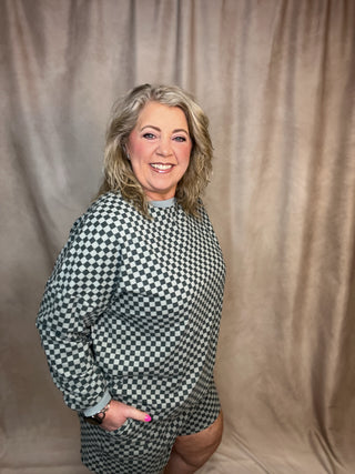 Teal Checkerboard Soft Brushed Knit Pullover & Shorts