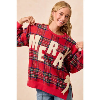 Merry Side Bow Patches Christmas Plaid Sweatshirt