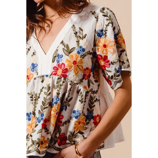 Floral Embroidered Baby Doll Blouse Top