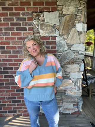 Denim Olive Combo Stripe V Neck Sweater