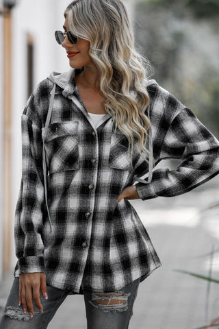 Double Take Drawstring Plaid Long Sleeve Hooded Shacket