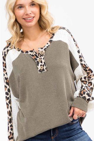 Olive Rib Knit Leopard and Lace Detail Pullover Top