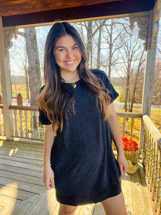 Black Slub Short Sleeve Pocket Dress