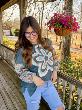 Seafoam Waffle Knit Multi-Flower Print Sleeves Top