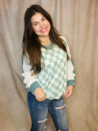 Sage Checkered Print V Neck Pullover