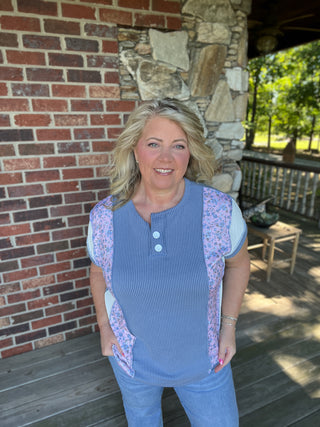 Denim Floral Mixed Print Henley Top