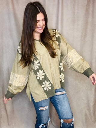 Sage Heavy Waffle Knit Lace Flower Sweatshirt Top