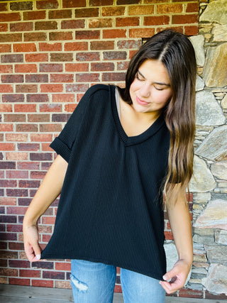 Black Corded Ribbed V Neck Top