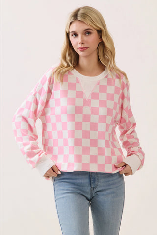 Pink Checkered Print Drop Shoulder Pullover Top