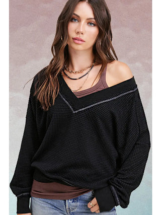Black Loose Fit V-Neck Waffle Textured Long Sleeve Top
