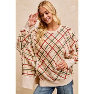 Christmas Plaid Print Waffle Sweatshirt Top