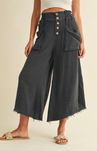 Charcoal Mineral Washed Fray Hem Linen Pants