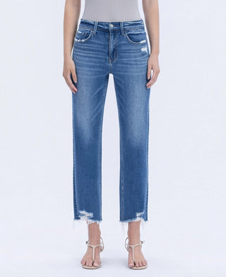 High Rise Frayed Hem Crop Straight Jeans