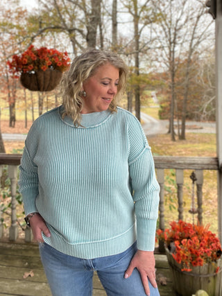 Teal Washed side slit oversized sweater