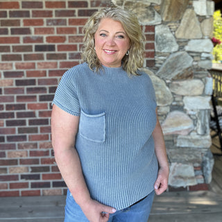 Dusty Blue Mock Neck Short Sleeve Sweater