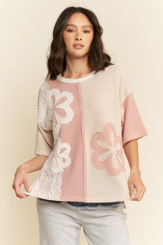Pink Casual Pullover Short Sleeve Patchwork Knit Top
