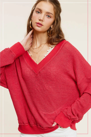Tomato Loose Fit V-Neck Waffle Textured Long Sleeve Top