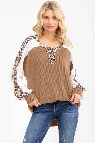 Rib Knit Leopard and Lace Detail Pullover Top