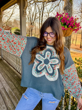Seafoam Waffle Knit Multi-Flower Print Sleeves Top
