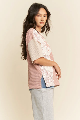 Pink Casual Pullover Short Sleeve Patchwork Knit Top