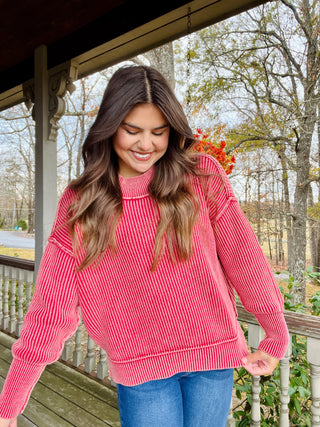 Red Washed side slit oversized sweater