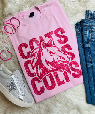 Pink Printed Sparkle Colts Colts Colts Tee