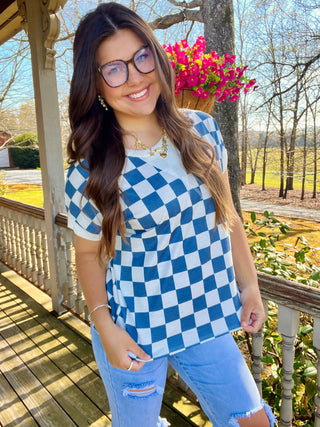 Blue Checkered Print Short Sleeve Top