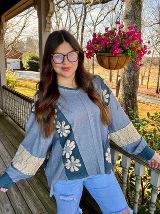 Slate Blue Heavy Waffle Knit Lace Flower Sweatshirt Top