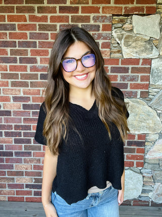 Black Short Sleeve Rolled Patch Sweater