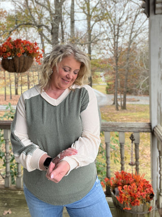 Olive V-Neck Colorblock Top