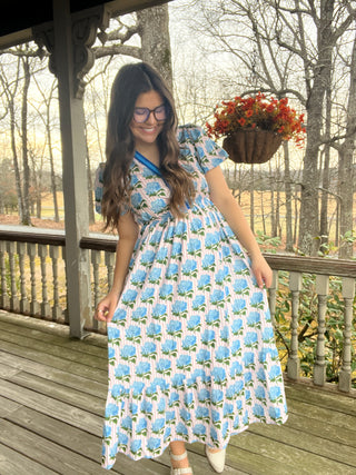 Hydrangea Prim Y-Neck Dress