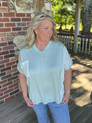 Color Block Patchwork Knit Top with Pocket