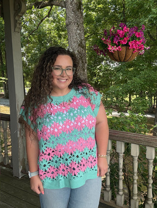 Mint Alternating Floral Crochet Knit Drop Shoulder Top