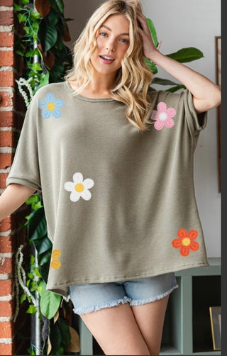 Olive Flower Patch Top